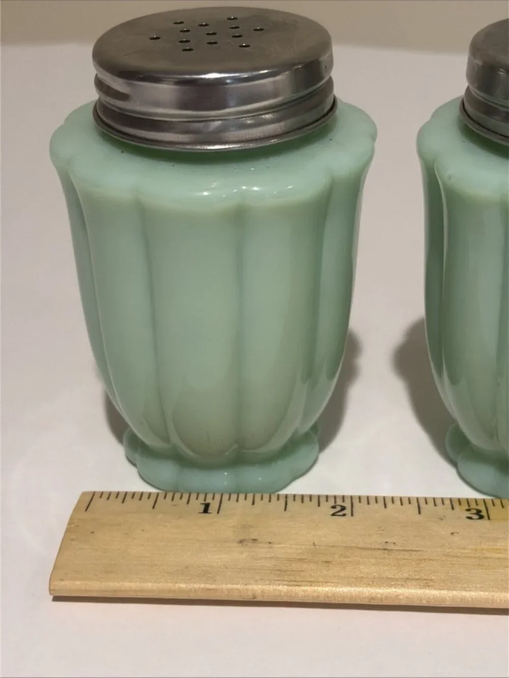 The Pioneer Woman Timeless Beauty Jade Milk Glass Salt & Pepper Shakers EUC